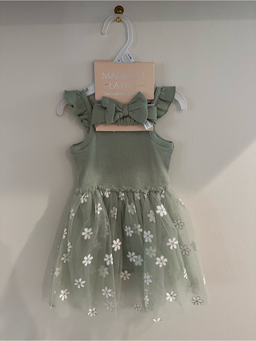Madison Layne Girls' Sage Green Floral Tulle Dress with Bow